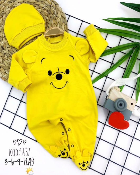 3-6-9-12 Ay Pooh Baskılı Şapkalı Pooh Patikli 2li Kız Erkek Bebek Tulumu