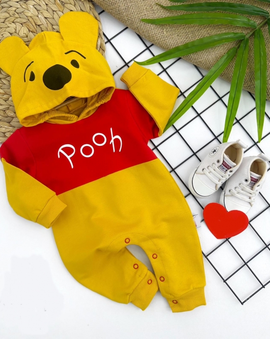 3-6-9-12 Ay Pooh Baskılı Ve Kapşonlu Kız Erkek Bebek Tulumu