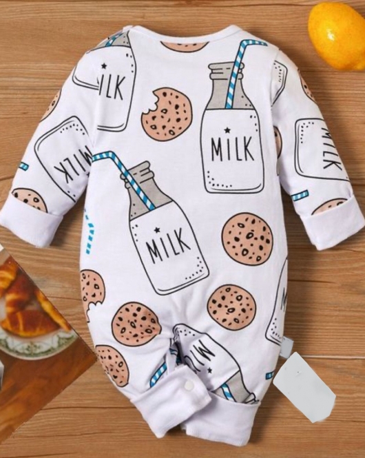 3-6-9-12 Ay Yaka Çıtçıtlı Milk Baskılı Uzun Kollu Kız Erkek Bebek Tulumu