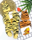 3-6-9-12 Ay Pooh Desenli Zebra Çizgili Şapkalı Sweatli 3lü Kız Erkek Bebek Tulumu (turuncu)