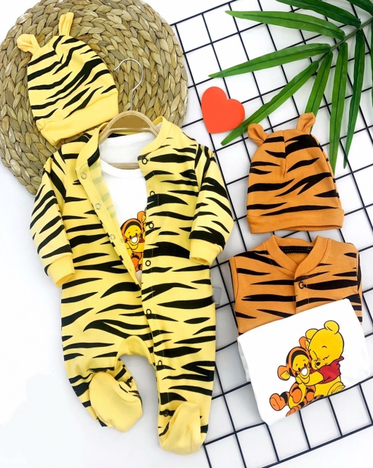 3-6-9-12 Ay Pooh Desenli Zebra Çizgili Şapkalı Sweatli 3lü Kız Erkek Bebek Tulumu(sarı)