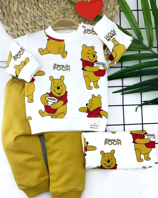 9-12-18-24 Ay Pooh Baskılı Yaka Çıtçıtlı Uzun Kollu Sweatli 2li Kız Erkek Bebek Takımı