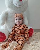 3-6-9-12 Ay Pooh Desenli Zebra Çizgili Şapkalı Sweatli 3lü Kız Erkek Bebek Tulumu (turuncu)