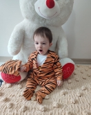 3-6-9-12 Ay Pooh Desenli Zebra Çizgili Şapkalı Sweatli 3lü Kız Erkek Bebek Tulumu (turuncu)