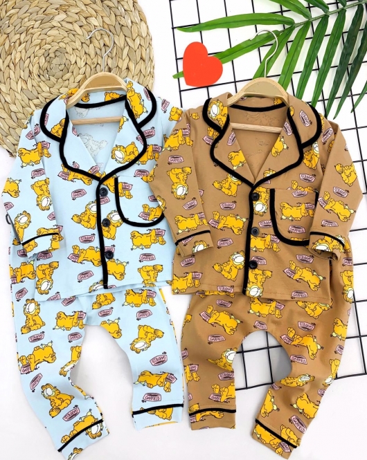 9-12-18-24 Ay Garfield Baskılı Düğme Kapamalı 2li Kız Erkek Bebek Pijama Takımı