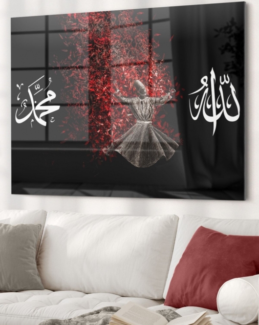 Allah Muhammed Yazılı Ve Semazen | Dini Temalı Cam Tablo | 50x70 Cm