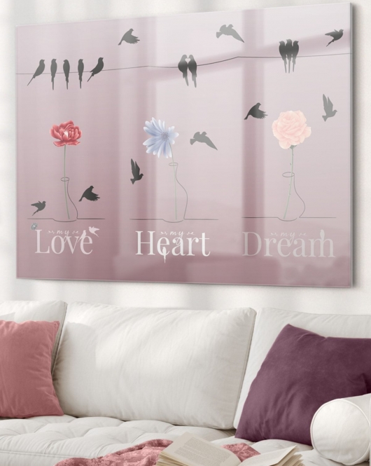 Çiçek Ve Kuşlar Love Heart Dream| Hayvan Temalı Cam Tablo | 50x70 Cm