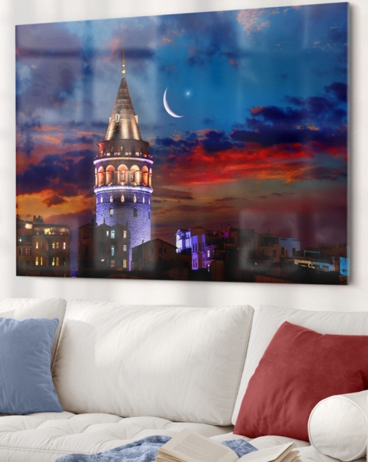 Galata Kulesi Ve Hilal | Şehir Temalı Cam Tablo | 50x70 Cm