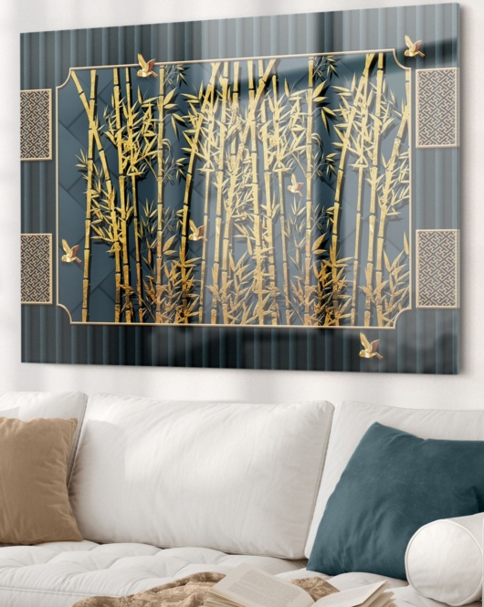 Gold Detaylı Ağaç Dalları Ve Kuş | Doğa Temalı Cam Tablo | 50x70 Cm