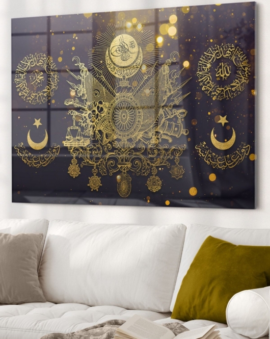 Gold Detaylı Osmanlı Tuğrası Allah Muhammed | Osmanlı Temalı Cam Tablo | 50x70 Cm