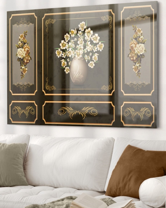 Gold Işlemeli Vintage Çiçek | Çiçek Temalı Cam Tablo | 50x70 Cm