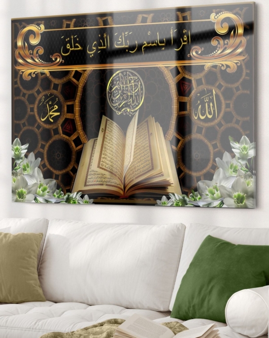 Kuran-ı Kerim Allah Muhammed | Dini Temalı Cam Tablo | 50x70 Cm