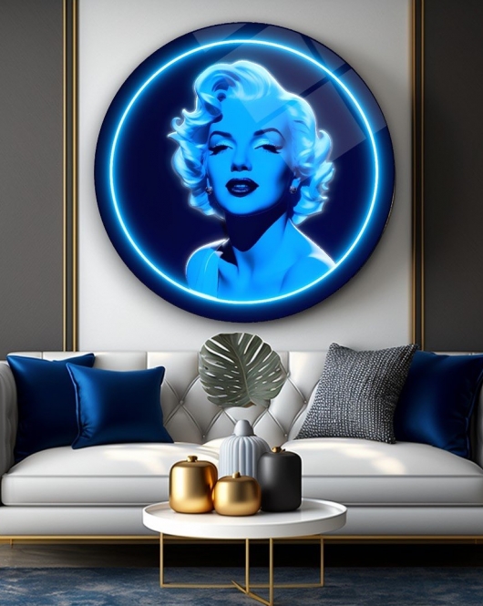 Marilyn Monroe Mavi Neon yuvarlak Cam Tablo