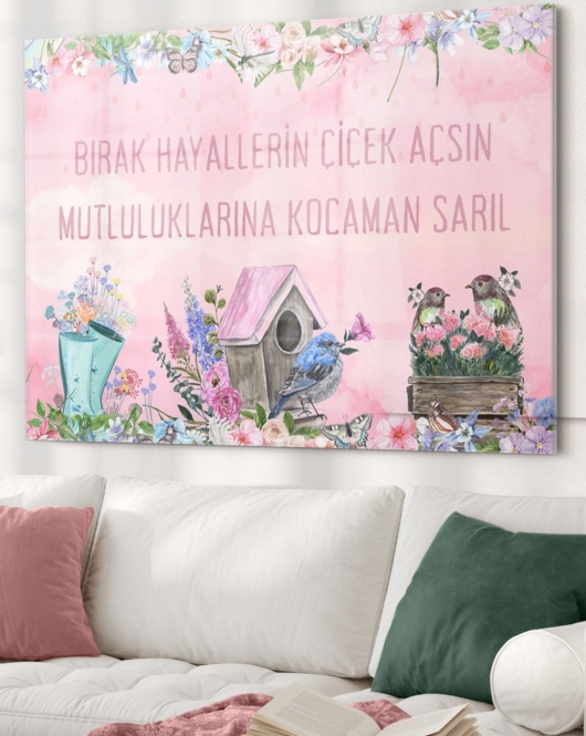 Motto Söz Mutluluk Hayaller | Kelimeler Temalı Cam Tablo | 50x70 Cm