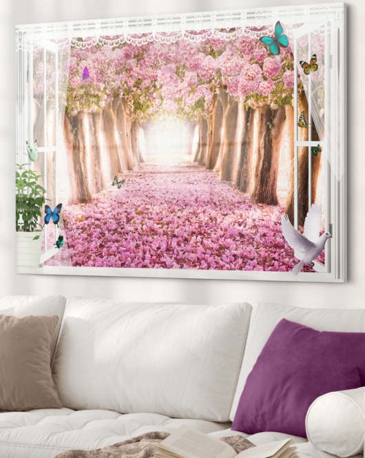 Pembe Ağaçlı Yol | Doğa Temalı Cam Tablo | 50x70 Cm