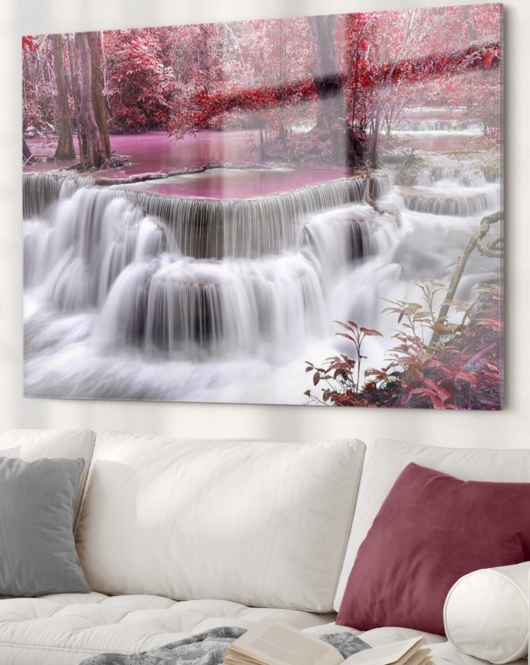 Pencere Şelale Ve Pembe Ağaçlar | Doğa Temalı Cam Tablo | 50x70 Cm 5070olctm109