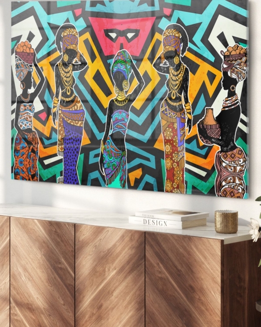 Renkli Etnik Desen Siyahi Kadınlar African Women| Etnik Temalı Cam Tablo | 50x70 Cm