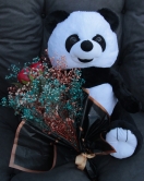 Sevimli Peluş Panda Kaliteli 50 cm Gül & Cipso Sarmalı Çiçek Demet Set Sevgiliye Hediye