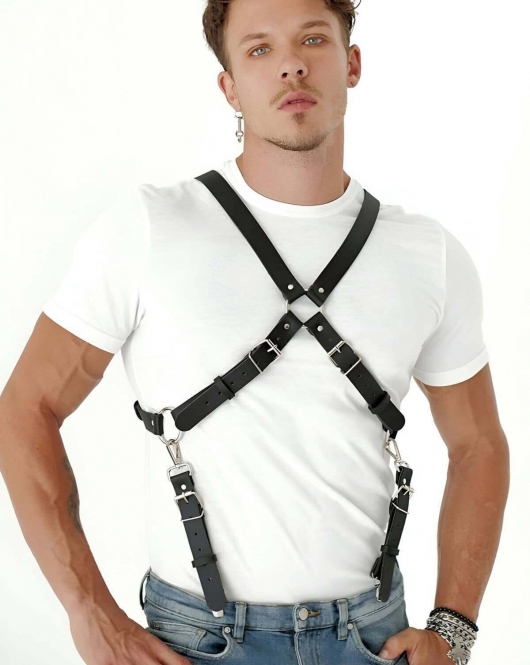 Göğüs Detaylı Arkadan Bağlamalı Erkek Deri Harness - APFTM84