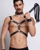 Kırbaç ve Çivili Choker Detaylı Erkek Fantazi Giyim, Deri Erkek Harness Takım - APFTM102