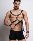 Kırbaç ve Çivili Choker Detaylı Erkek Fantazi Giyim, Deri Erkek Harness Takım - APFTM102