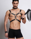 Kırbaç ve Çivili Choker Detaylı Erkek Fantazi Giyim, Deri Erkek Harness Takım - APFTM102