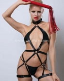 Kırmızı Kırbaçlı Deri Harness, Full Body Deri Harness, Erotik Deri İç Giyim - APFT1348