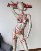 Kırmızı Seksi Elastik Jartiyer Harness Takım