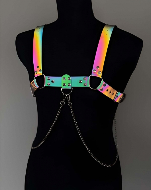 Rainbow Reflektörlü (Karanlıkta Parlayan) Zincir Detaylı Şık Erkek Göğüs Harness, Reflektörlü Clubwear - APFTM109