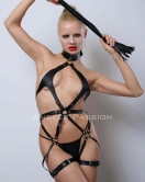 Siyah Kırbaçlı Deri Harness, Full Body Deri Harness, Erotik Deri İç Giyim - APFT1348