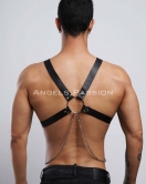 Zincir Detaylı Deri Erkek Göğüs Harness, Partywear, Clubwear - APFTM95