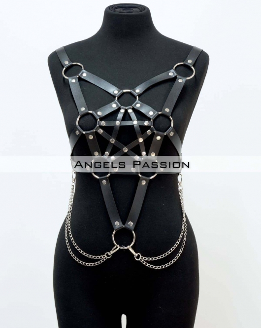 Zincir Detaylı Şık Deri Göğüs Harness, Büstiyer Harness, Deri Göğüs Harness- APFT1399