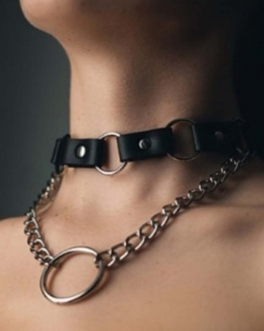 Zincir Ve Halka Detaylı Şık Deri Choker - APFT665