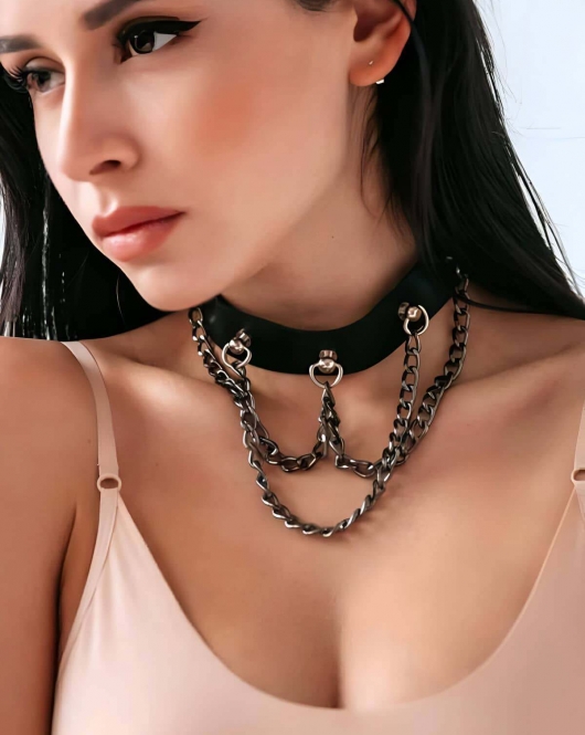 Zincirli Choker, Zincirli Deri Kolye, Tasma Harness - APFT1071