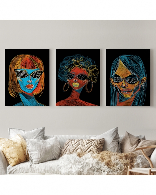 Renkli Pop Art Kadınlar Dekoratif Duvar Tablosu Üçlü Set-EU-120