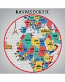 Türkçe Dünya Haritası Dekoratif Kanvas Tablo Ülke-Başkentli Öğretici ve Sembollü 2314