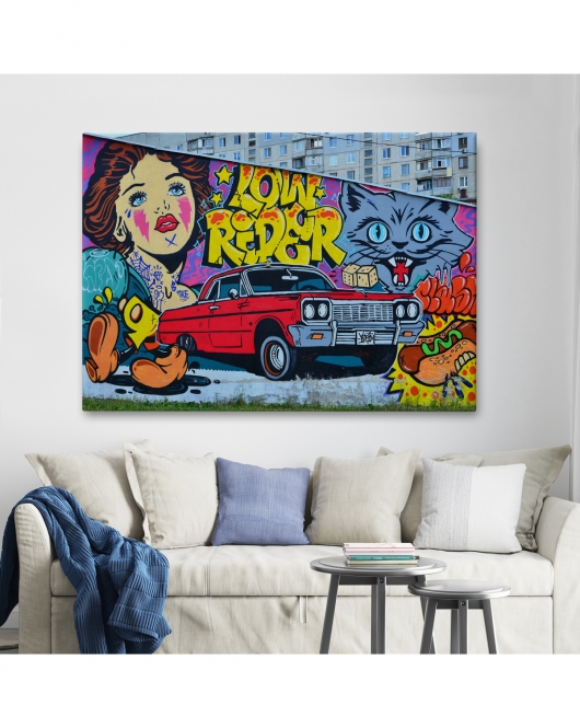 Grafiti İle Yapilmiş Retro Kırmızı Araba Kanvas Tablo-5027