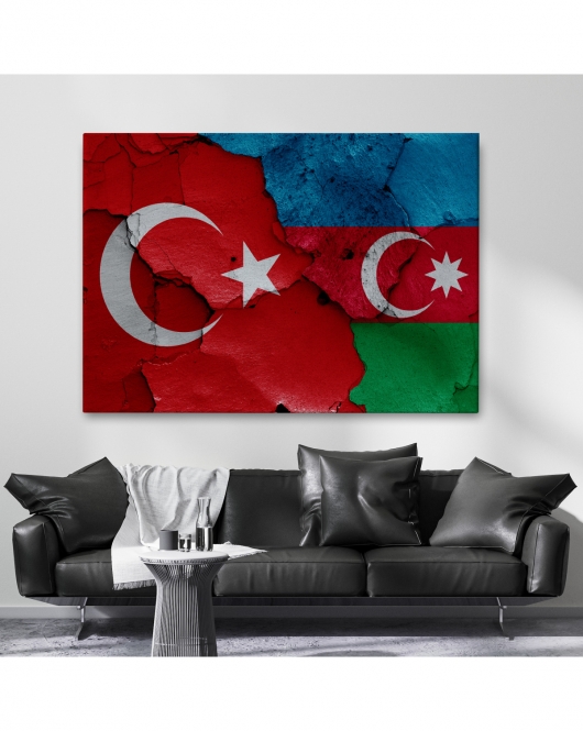 Türkiye Azerbaycan Bayrak Desenli Dekoratif Kanvas Tablo-6516