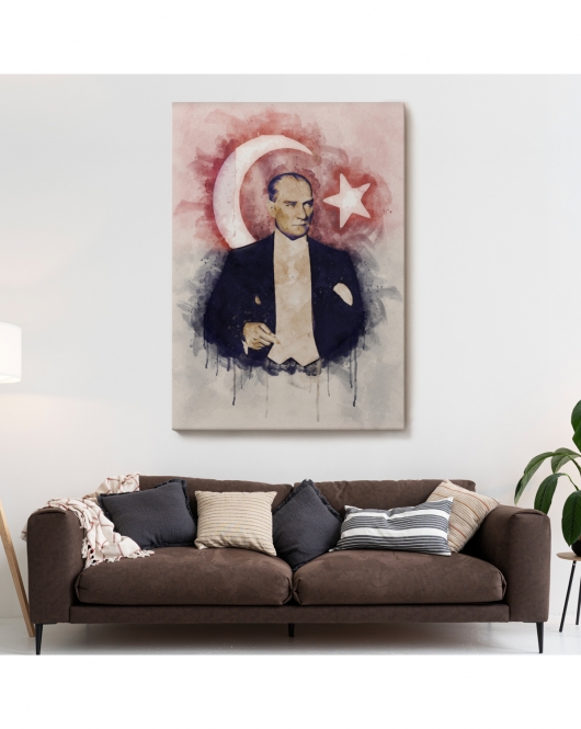 Mustafa Kemal Atatürk ve Türk Bayrağı Suluboya Görünümlü Dekoratif Kanvas Tablo-CY-76