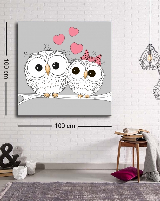 Dekoratif Baskı illüstrasyon Owl Love Kare Kanvas Tablo