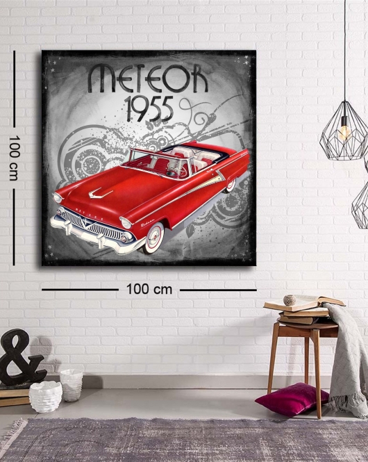 Dekoratif Baskı illüstrasyon Retro Red Car 1955 2 Kare Kanvas Tablo