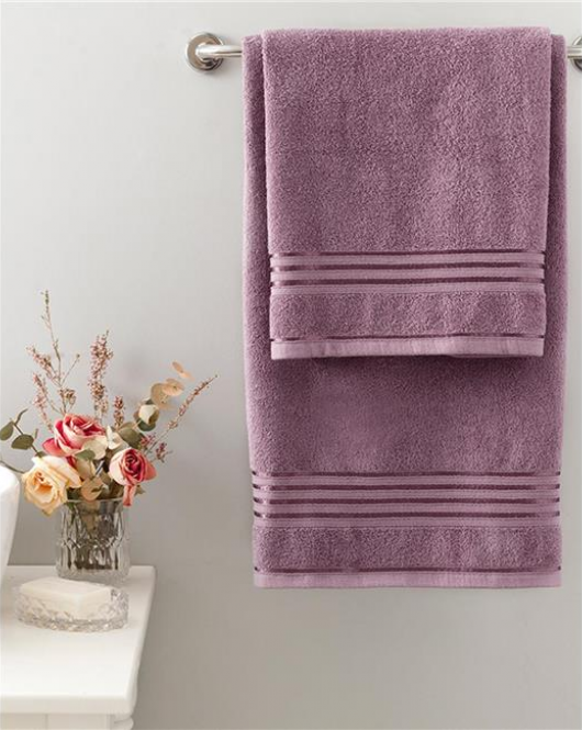 English Home Romantic Stripe Pamuklu Floşlu Banyo Havlusu Takımı Açık Mürdüm