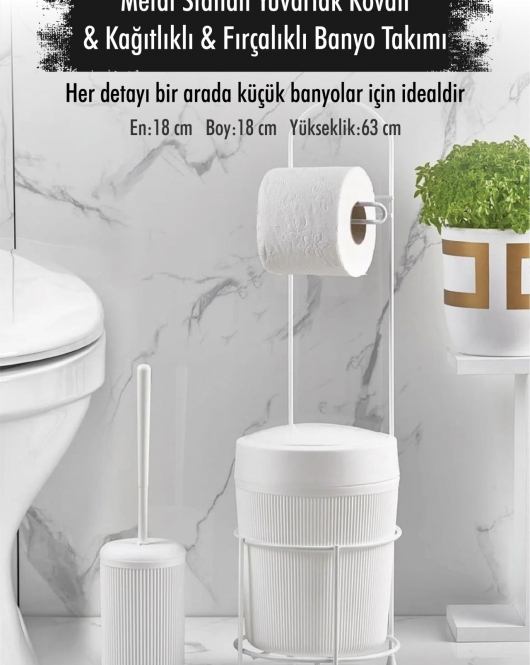 Metal Standlı Yuvarlak Kovalı & Kağıtlıklı & Fırçalıklı Beyaz Banyo Takımı