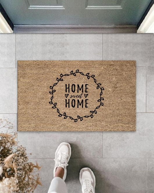 Bej Kapı Önü Paspası Home Sweet Home Kalpli Desen K-3299