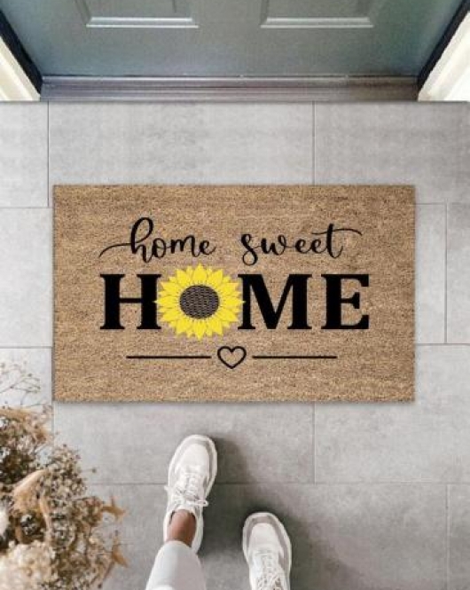 Bej Kapı Önü Paspası Home Sweet Home Papatyalı Desen K-3342