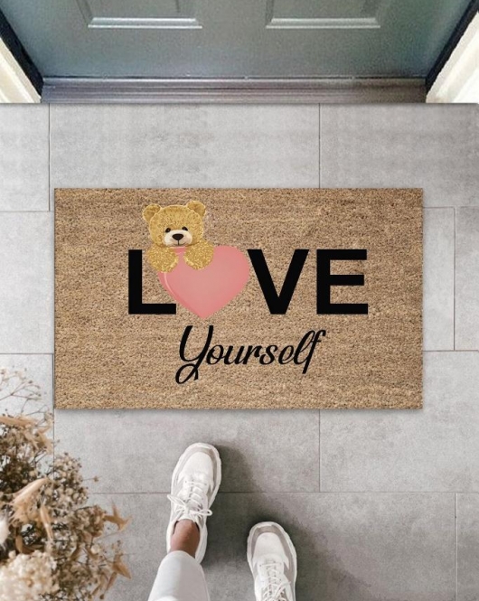 Bej Kapı Önü Paspası Love Yourself Ayıcık Desen K-3327