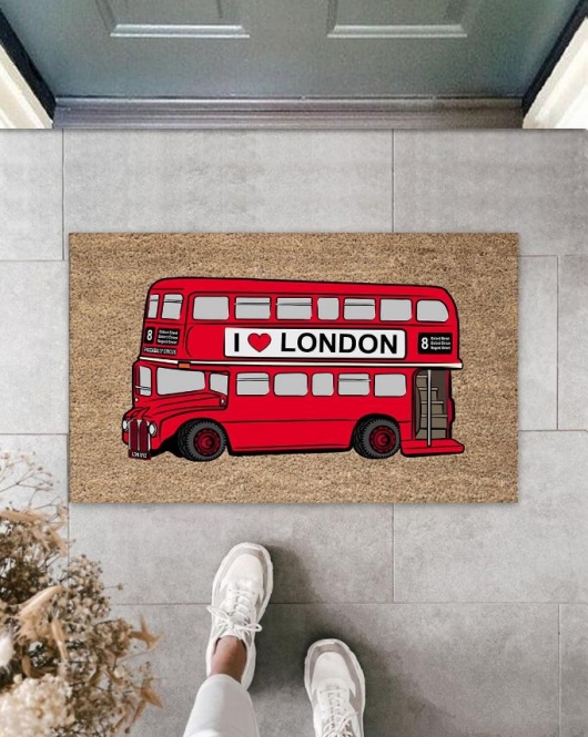 Dekoratif Dijital I Love London Otobüsü Kırmızı Kapı Paspası Dış Mekan Paspas K-3172