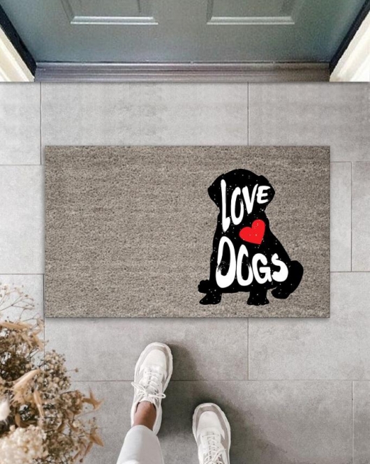 Dijital Baskı Gri Love Dogs Köpekli Dekoratif Kapı Paspası K-2071