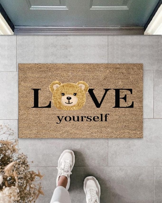 Kahverengi Kapı Önü Paspası Love Yourself Ayıcık Desen K-3329