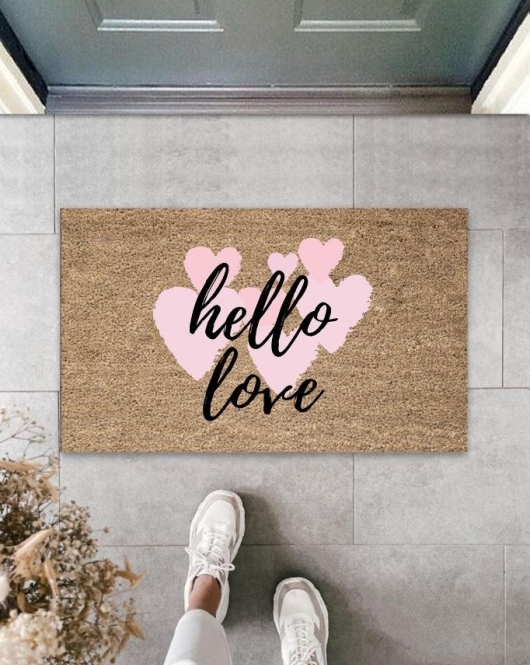 Pembe Kapı Önü Paspası Hello Love Desen K-3291